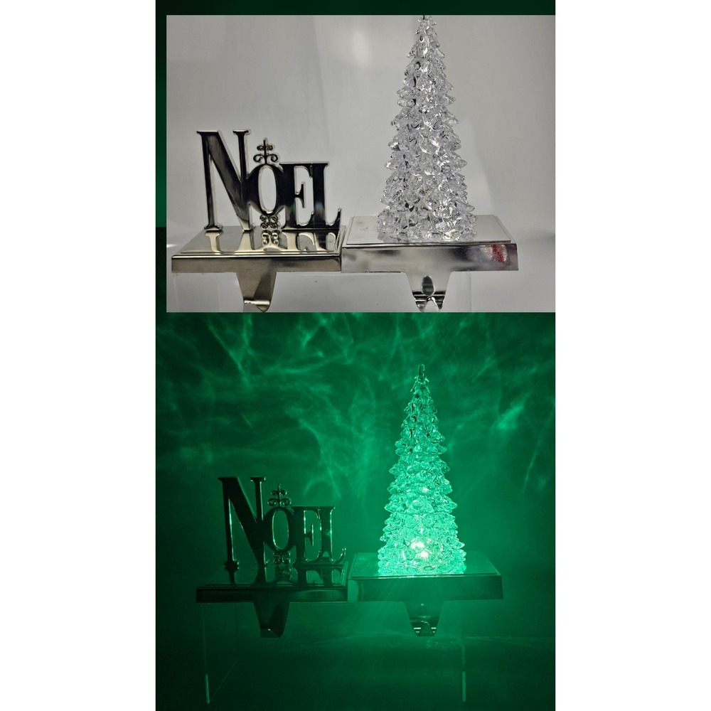 Set of 2 Silver Stocking Holders Noel & Light Up Christmas Tree‎ Holiday